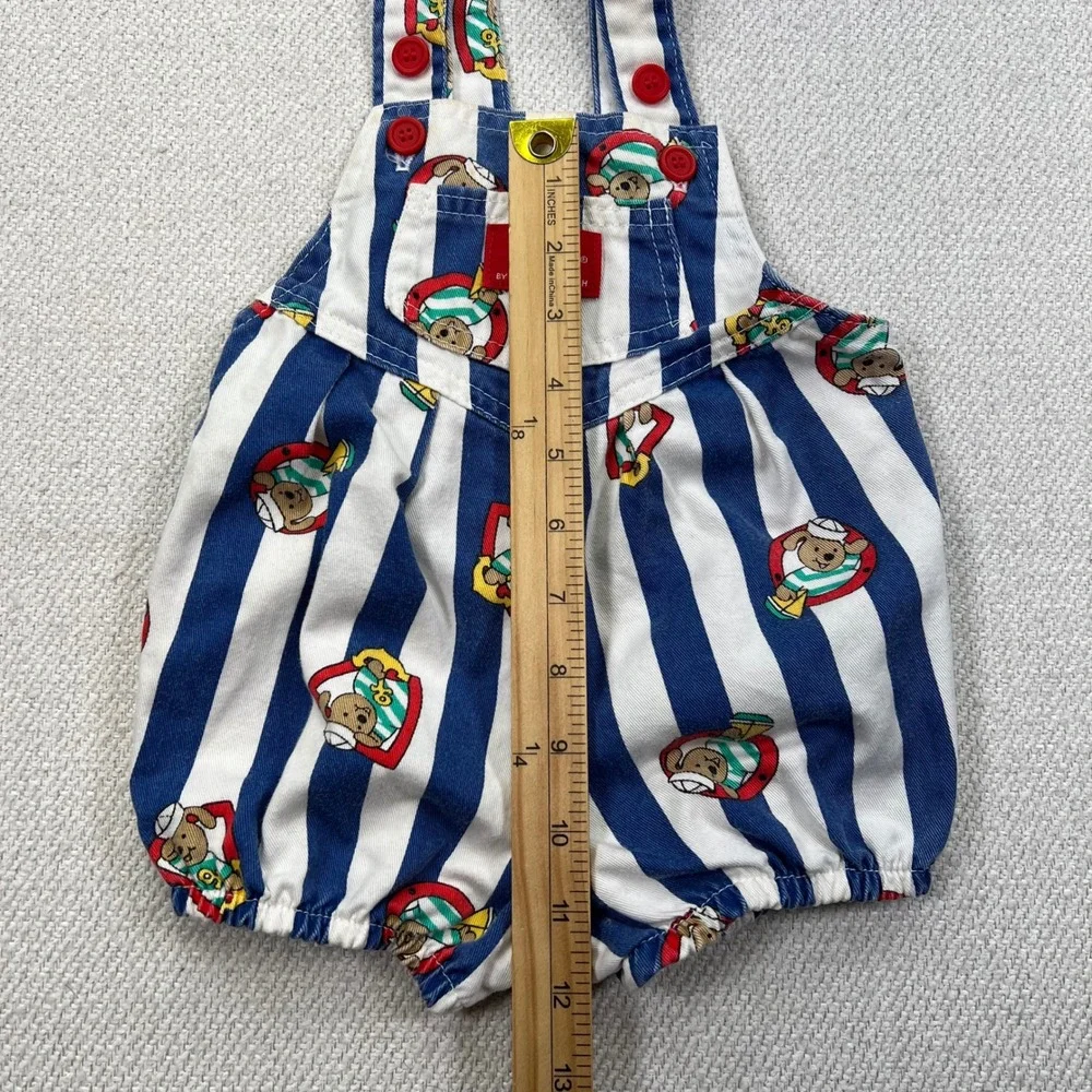 Baby OshKosh Shortall Bubble Overalls 12M Blue White Striped Sailor Bear VTG 80s